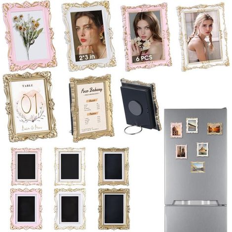 Mini cadres photo magnétiques - Lot de 6 - Cadres photo vintage avec aimant - Pour photos 5 x 7,5 cm - À fixer sur réfrigérateur, tableau blanc, armoire ou meuble métallique - Platine + Or rose + Or (1/5)