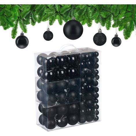 Relaxdays Weihnachtskugeln im 138er Set, Kunststoff, glitzernde, matte, glänzende Baumkugeln, Christbaumschmuck, schwarz