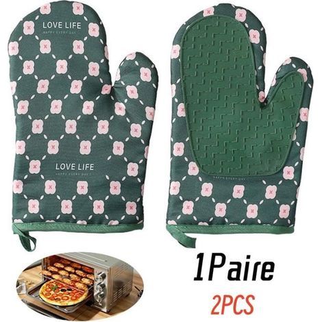 Non-Slip Thick Cotton Kitchen Gloves - Heat Resistant - One Size - Dark Green (1/4)