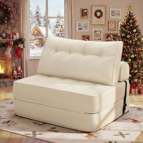 Canapé-lit convertible 3-en-1 en velours côtelé, fauteuil pliable, beige 100cm (1/5)