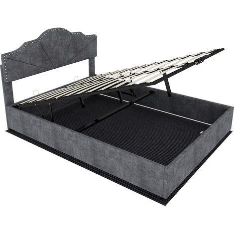 Lit coffre capitonné gris 160 x 200 cm avec vérins pneumatiques (1/5)