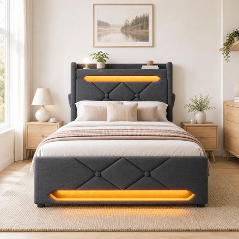 Letto contenitore singolo 90x200 cm, con vano idraulico, porte USB e USB-C, LED, in lino grigio, senza materasso (1/5)