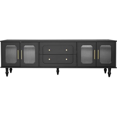 Mueble TV bajo retro negro 175 cm, 4 puertas de vidrio estriado y 2 cajones MODENUIT (1/5)