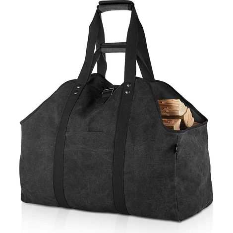 Porte-bûches de bois de chauffage extra-large Support de bois de chauffage en toile imperméable avec bandoulière pour un transport facile - Noir (1/4)
