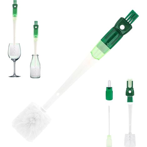 Spazzola per bottiglie 5 in 1, spazzola per bottiglie, spazzola lunga per bottiglie con 5 testine, spazzola per la pulizia delle cannucce (bottiglie di vetro, bottiglie di vino, prodotti in bottiglia) (1/5)