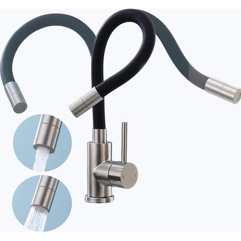 Robinet Cuisine Flexible Noir - Acier Inoxydable - 2 Jets - Pivotant 360° - Évier Salle de Bain (1/5)