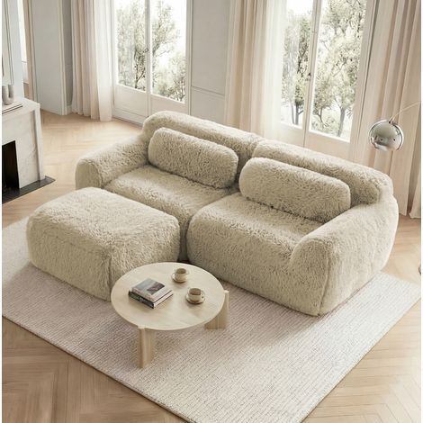 Sofá rinconero 204x179x73 cm en tejido peluche caqui claro, modulable para salón FloraGrace (1/5)