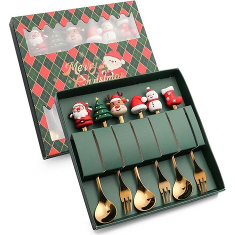 Set di 6 cucchiaini natalizi in acciaio inox, cucchiai da dessert natalizi, cucchiaini da caffè, cucchiai da miscelazione, posate natalizie con confezione regalo, 3 cucchiai e forchetta (1/4)