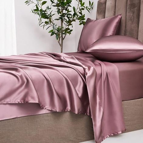 Damier Drap-housse en satin 180 x 200 cm - Rose vieux rose - Soie brillante - Convient pour matelas jusqu'à 30 cm (1/4)