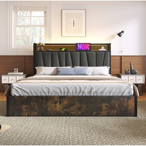 Bett mit Stauraum Leinen Grau 160x200 cm, mit LED-Kopfteil, USB-Anschlüssen und Steckdosen (1/5)