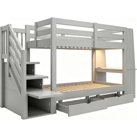 Kinder-Etagenbett 90 x 200 cm aus Holz mit Schreibtisch, Stauraumtreppe, LED und Schubladen Grau (1/5)