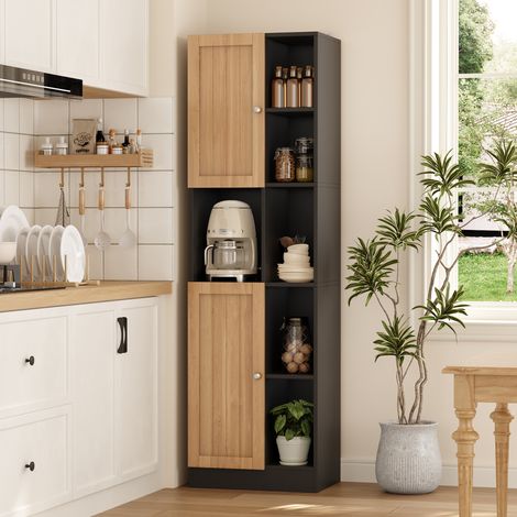 Armoire d'angle de cuisine haute avec 6 étagères ouvertes, 2 portes et étagères réglables, meuble d'angle étroit pour cuisine, salle à manger et salon, protection anti-basculement, 50×35,5×170 cm, ant (1/5)