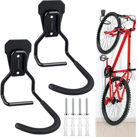 Support Vélo Mural, Lot de 2 Crochet Vélo, Porte Vélo Mural, Mural Vertical Support Mural de Rangement pour Vélos Robuste en Forme de L, pour Maison Garage, Noir (1/5)