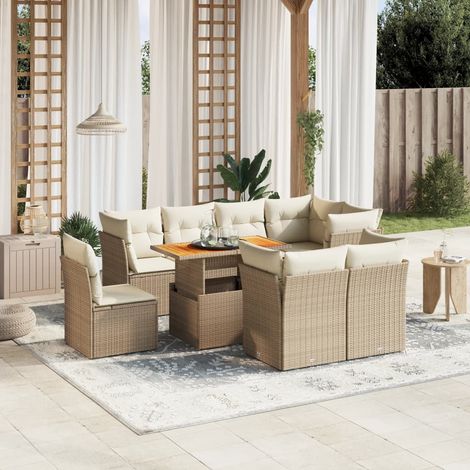 Ensemble de jardin 9 places en résine tressée beige avec coussins et table extensible - Salon extérieur modulaire avec housses lavables (1/3)