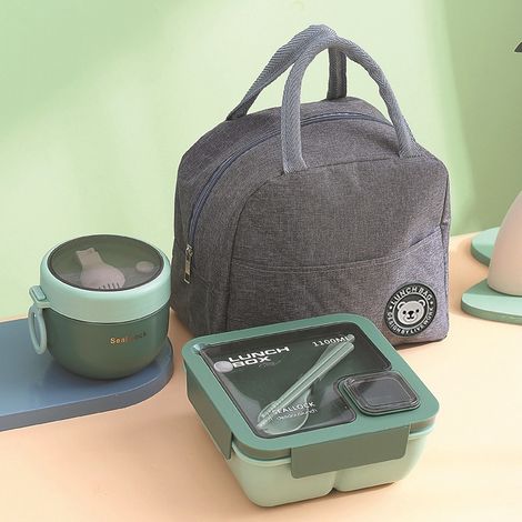 Boîte à lunch - 1100 ml + 1 bol à soupe - Sac isotherme - Élégante - Pratique - Verte (1/4)