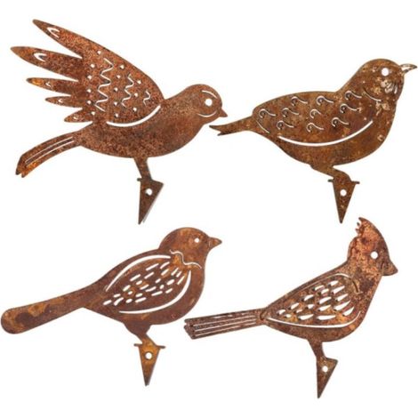 Quatre petits oiseaux rouillés en métal, ornements de jardin pour clôtures et extérieur (1/5)