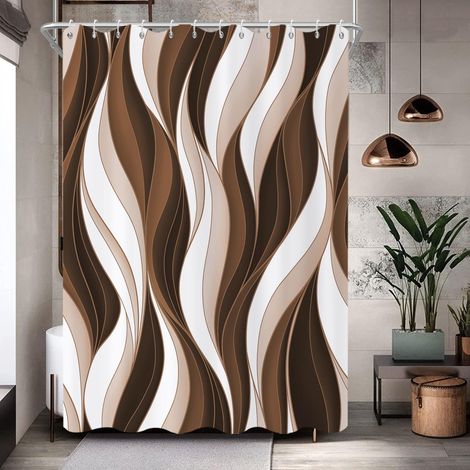 Rideau de Douche, 120x180cm, Moderne Abstrait Marron Blanc Ombre Rayé Art Minimaliste Imperméable Rideau de Salle de Bain Lavable en Machine avec Crochets (1/5)