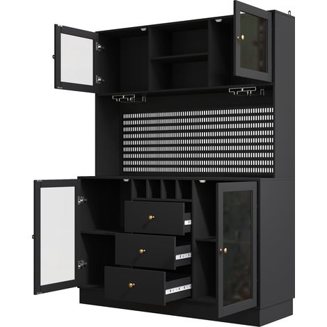 Vitrina alta con iluminación LED, botellero y estantes de cristal 140 x 40 x 185,7 cm negra (1/5)