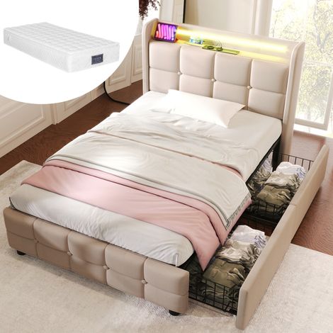 Lit simple capitonné 90x200 cm beige avec tête de lit USB/prises, LED, 2 tiroirs, tablette et matelas ressorts (1/5)