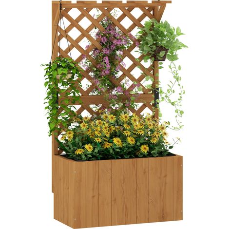 Jardinière à treillis bois massif avec bac à fleurs trous drainage doublure 64 x 33 x 122 cm