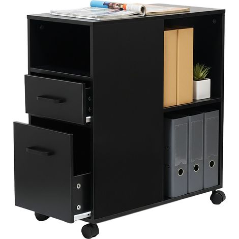 Cassettiera su ruote Relaxdays, 2 cassetti, 3 scomparti, HxLxP: 65 x 30 x 60 cm, MDF, mobile sotto scrivania, nero (1/5)