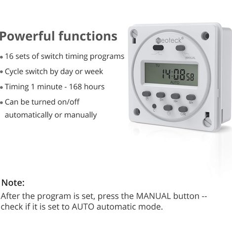 Minuterie de sortie numérique monobloc 12 V 16 A 17 programmes minuterie d'horloge programmable prise de courant avec affichage numérique LCD antivol avec boîtier étanche/ensemble de bornes de connexi (1/4)