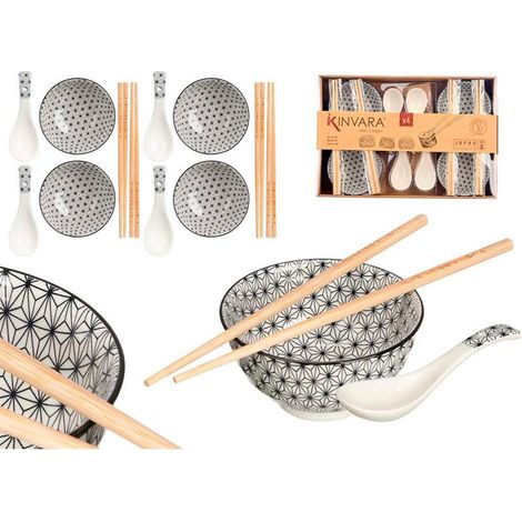 KINVARA sushi tazon bol + cuchara + palillo 12 piezas , Set para sushi con bol, cuchara y palillos 12 piezas, un elegante conjunto diseñado para disfrutar de ramen, arroz, sopas, s (1/3)