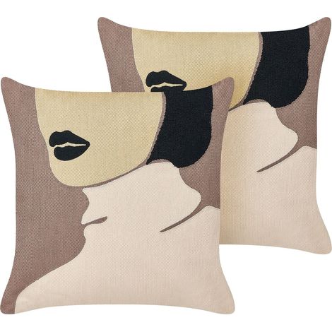Lot de 2 Coussins Décoratifs Marron et Beige en Velours 45x45 cm Visage Silphium