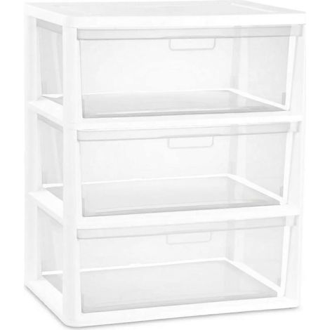 Tour de rangement plastique 3 tiroirs larges, bacs transparents amovibles, butées et poignées faciles à tirer, pour placard ou chambre étudiant, blanc (1/5)