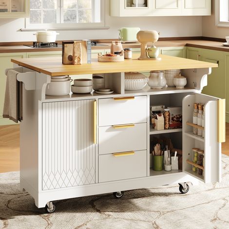 Îlot de cuisine mobile 120x40(80)x95 cm - table à manger extensible avec plateau rabattable double face - 3 tiroirs - buffet à roulettes - MDF - blanc (1/5)