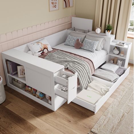Lit coffre 140x190 cm avec tiroirs et rangements, MDF, blanc, pour adolescent, REDOM (1/5)