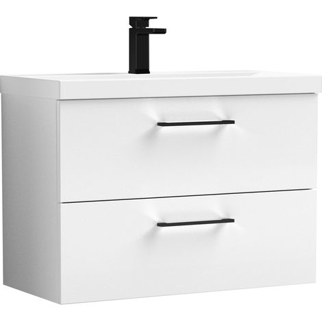 Balterley 800mm Wall Hung Bathroom 2 Drawer Vanity Unit and 1 Tap Hole Ceramic Basin, Gloss White with Black Handles