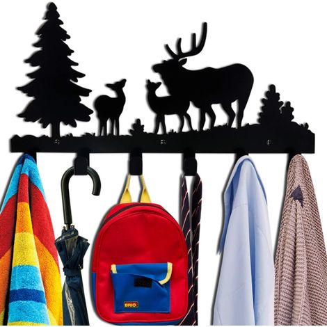 Patères murales avec 6 crochets, porte-manteau en métal, décoration murale pour manteau, chapeau, vêtements, sacs, clés ou serviettes (cerf et forêt) (1/5)