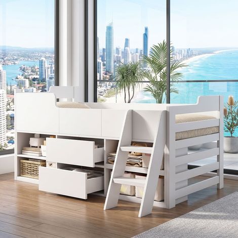 Audreamy Oakley Wooden Cabin Bed Frame Mid Sleeper White with Storage for Kids Single (1/5)