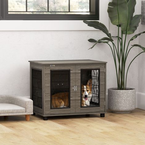 Gabbia per cani con cuscino, portata massima 20 kg/lunghezza 50 cm, in metallo, dimensioni 80x56x63 cm, colore grigio/decorazioni effetto legno. (1/5)