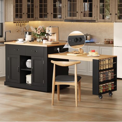 Carrito de cocina, en MDF, negra, con mesa de comedor extensible, 7 ruedas, estante de almacenamiento, estantes ajustables, 132 (235) x 60 x 93 cm (1/5)