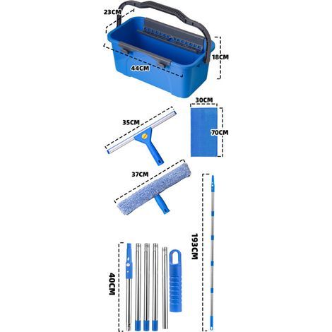 Kit de nettoyage de vitres professionnel – Seau 3 gallons, raclette 14", lave-vitre 15" avec manche long 61", outils complets pour nettoyage de vitres intérieur et extérieur (1/4)