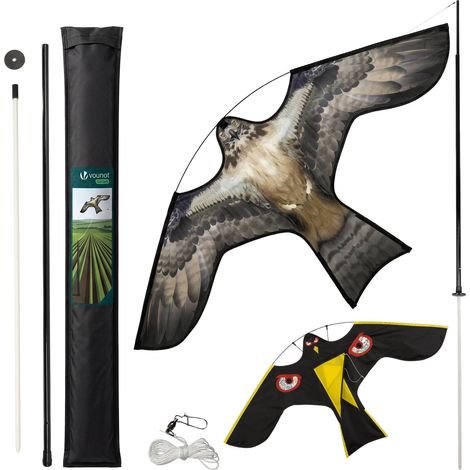 VOUNOT® Espantapájaros Cometa Voladora Cultivos Protector de Aves Halcón Ahuyentador Aves Palomas para Jardín Granja Repelente Visual Pájaros con Mástil Telescópico 4m 2 Cometas E&G
