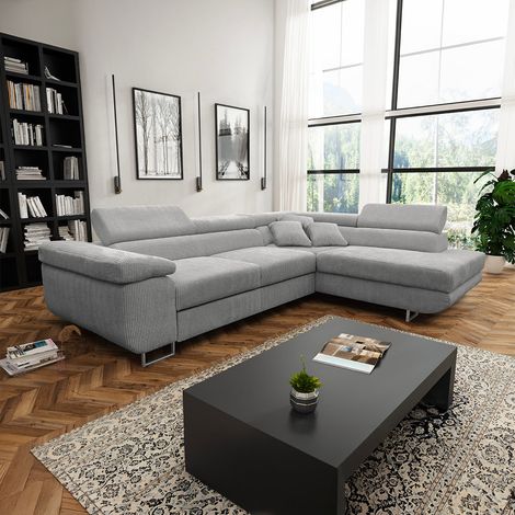 Canapé d'angle convertible droit 4 places coffre Martin velours côtelé Gris Clair (1/5)