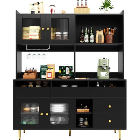 Buffet haut de salle à manger avec portes en verre strié, range-bouteilles, grand espace de rangement, finition noire élégante et pieds surélevés  CHICFURN (1/5)