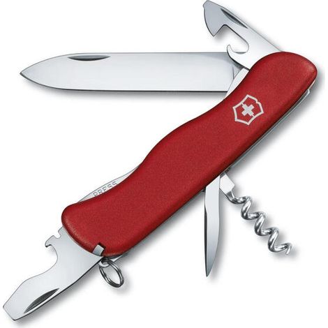 Navaja suiza Victorinox Picknicker, ideal para salidas al campo, cuenta con 11 funciones, con hoja bloqueables y destapador, color rojo (1/2)
