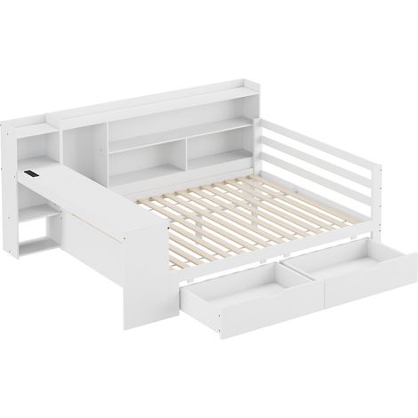 Letto matrimoniale multifunzionale 140 x 200 cm bianco con scrivania, ripiani e 2 cassetti (1/5)
