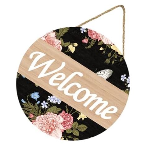 Plaque de bienvenue ronde noire à suspendre pour porte Maison et magasin, style nordique, réutilisable, décoration à suspendre pour l'intérieur