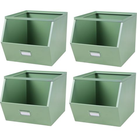 Lot de 4 bacs de rangement métal superposables avec porte-étiquette - Vert sauge - Livraison gratuite (1/2)