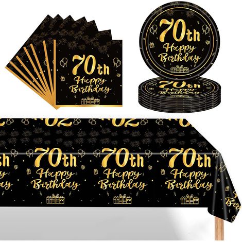 37 Pièces Assiette Vaisselle Anniversaire Kit,Noir Or Decoration Anniversaire Vaisselle 70 Ans Femmes Hommes,Nappe Papier Assiette Serviette pour Decoration Anniversaire 60 Ans Cadeau (1/5)