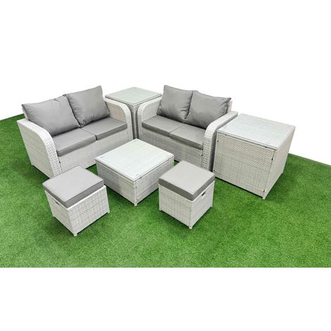 Fimous 6 Seater Outdoor Love Sofa Set Rattan Garden Furniture Set with Square Coffee Table 2 Small Stools 2 Side Tables Light Grey (1/4)