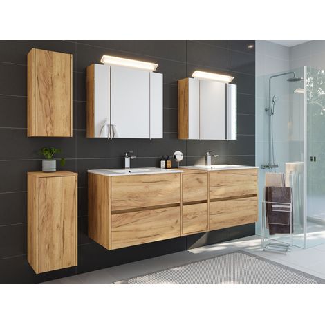 Badmöbelset Taifun 170cm 5tlg mit 2x Spiegelschrank und 2x Badschrank eiche gold
