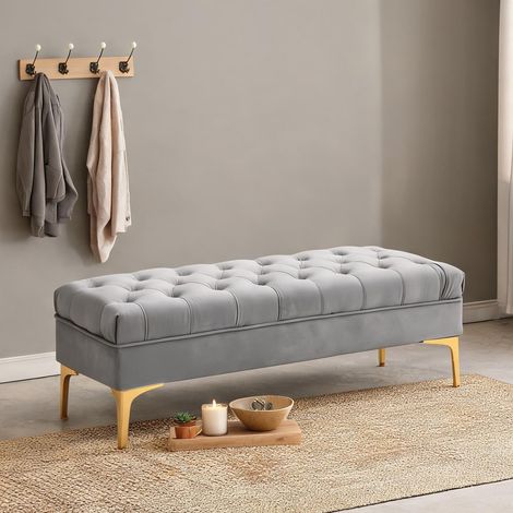 Banc de rangement en velours gris clair pour entrée et chambre (1/5)