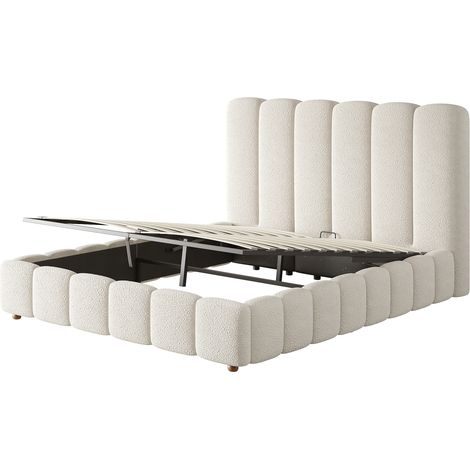 Polsterbett 140 x 190 cm mit hydraulischem Bettkasten, Lattenrost und Bouclé-Bezug Weiß MODENUIT (1/5)