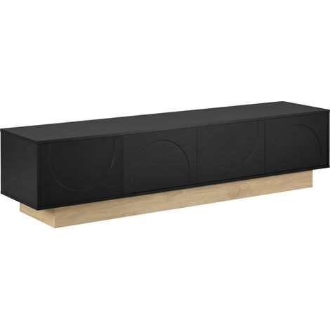 Meuble TV noir avec effet bois 175 cm - design minimaliste incurvé avec rangement et gestion des câbles (1/5)